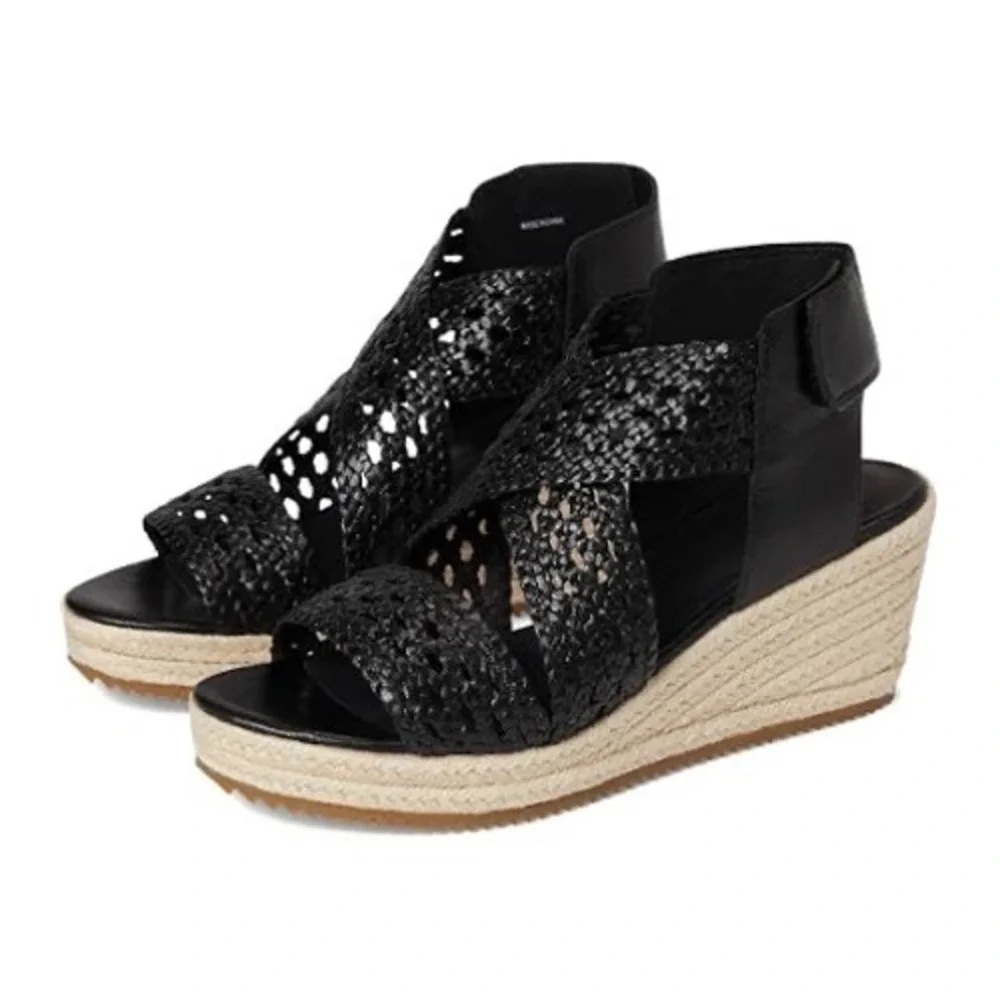 Eileen Fisher Black Woven Leather Espadrille Wedge Sandals 7.5